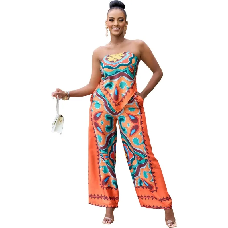 Африканска облекла за жени, Летни секси африкански костюми в стил дашики, градинска дрехи без ръкави, отгоре с принтом, Дълги панталони, комплекти от 2 теми