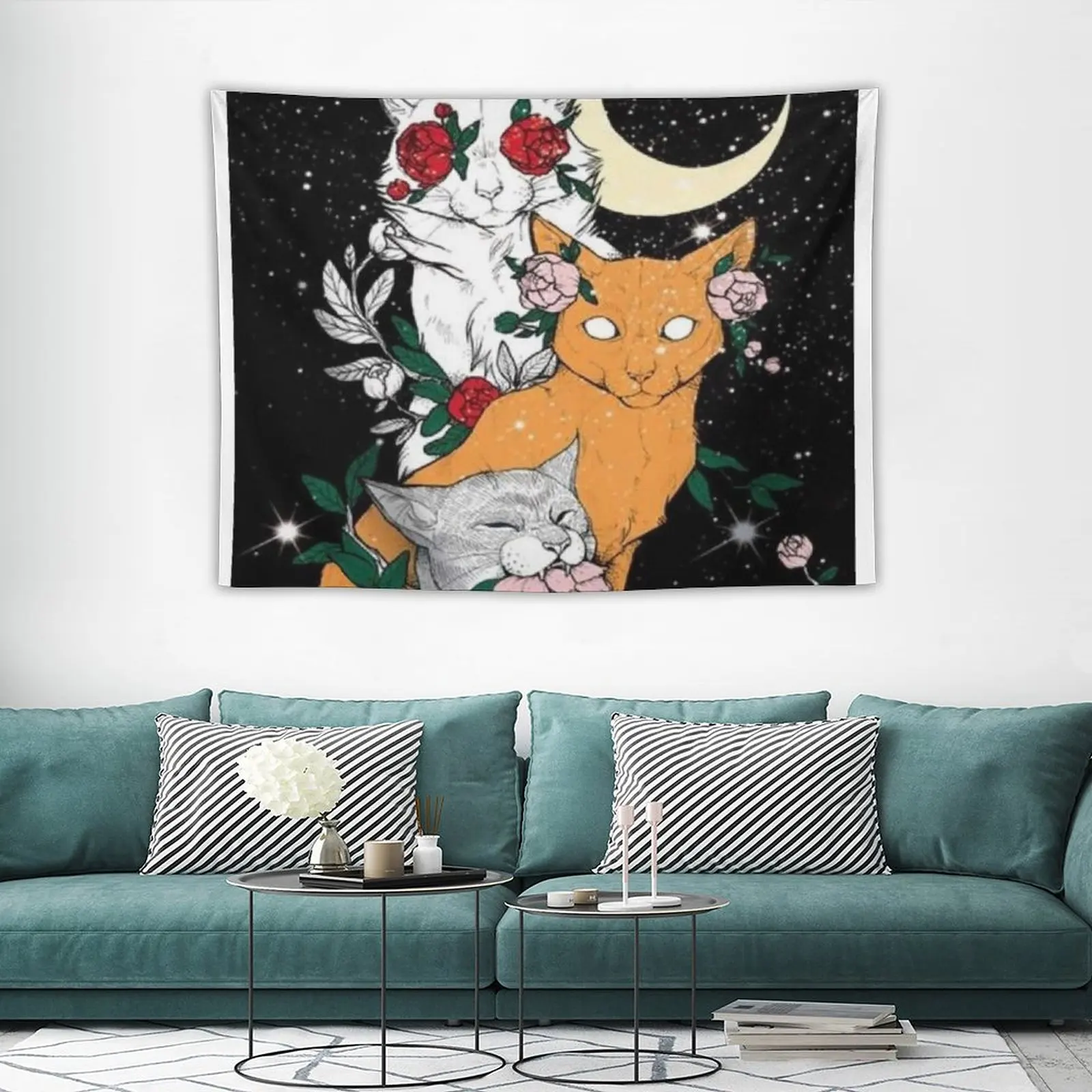 Гоблен с изображение на 3 котки, Луната, Звездите, Украса за дома, Декорация за дома, Стенен Гоблен, украса за дома