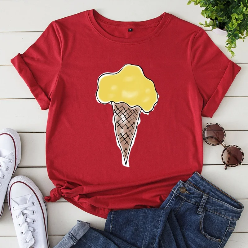Креативна дамски памучен тениска с изображение на сладолед, кръгъл отвор, Свободни ежедневни блузи големи размери с къс ръкав, Безплатна доставка