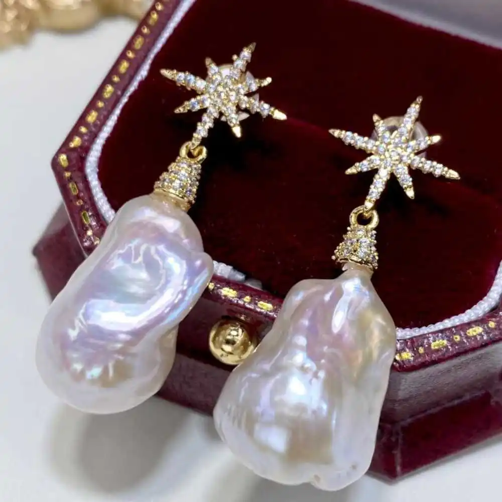 Обеци с перли във формата на естествен барок, окачване от бели перли, Мода щастливи празнични подаръци, Парти, Великден, красива