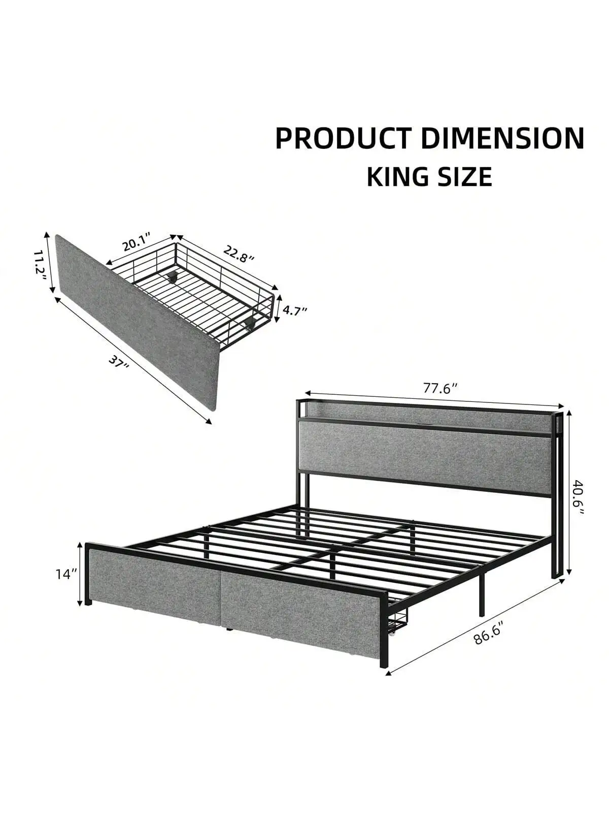 Рамка на легло с 2 чекмеджета за съхранение - Живеейки платформа диван с място за съхранение - зарядно устройство - Заредете метални рейки