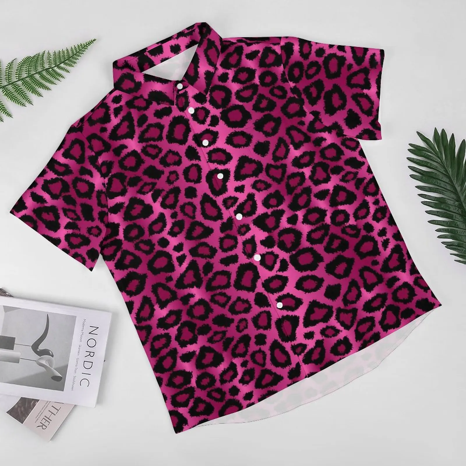 Розови леопардовые ежедневни ризи с домашен любимец принтом, плажна риза, Хавайски блузи Y2K, Мъжки по поръчка, големи размери 4XL