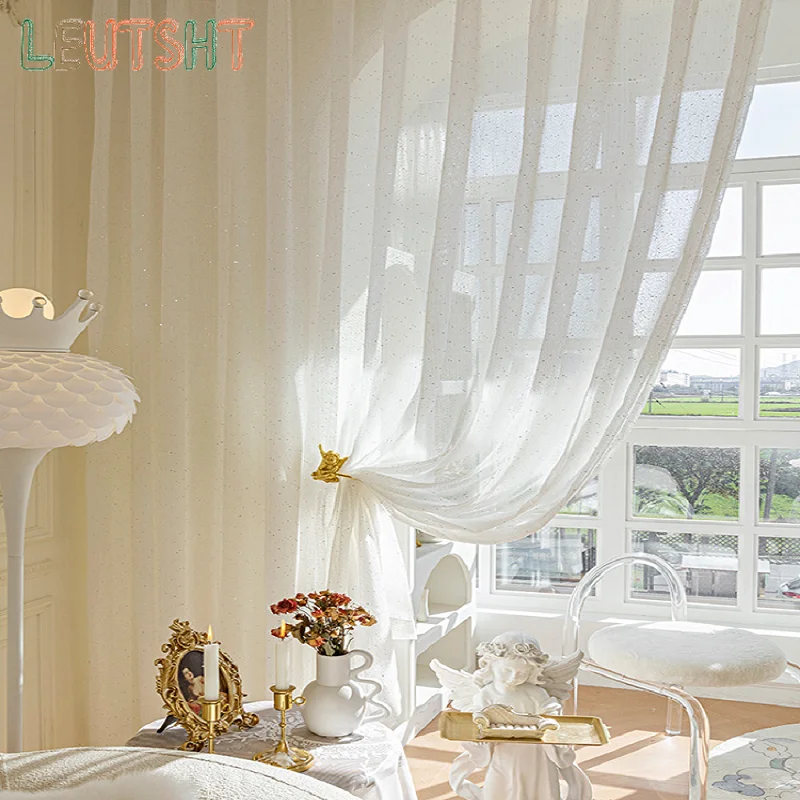 Френска завеса за хол, спалня, Малка ароматен вятър, Бял тюл, лесен и не пропуска прозорец параван с пайети, лесно лукс