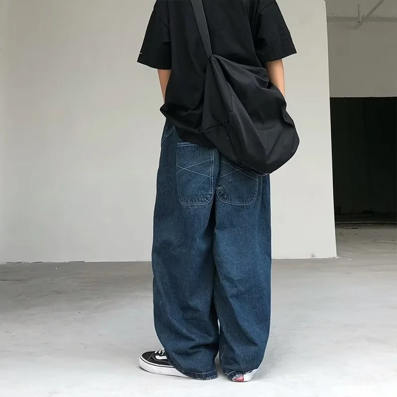 Японски Дънки Оверсайз, Мъжки Модни Провиснал Обикновена Ежедневни Панталони с Отстрочкой, Улични Преки Дънкови Панталони Harajuku