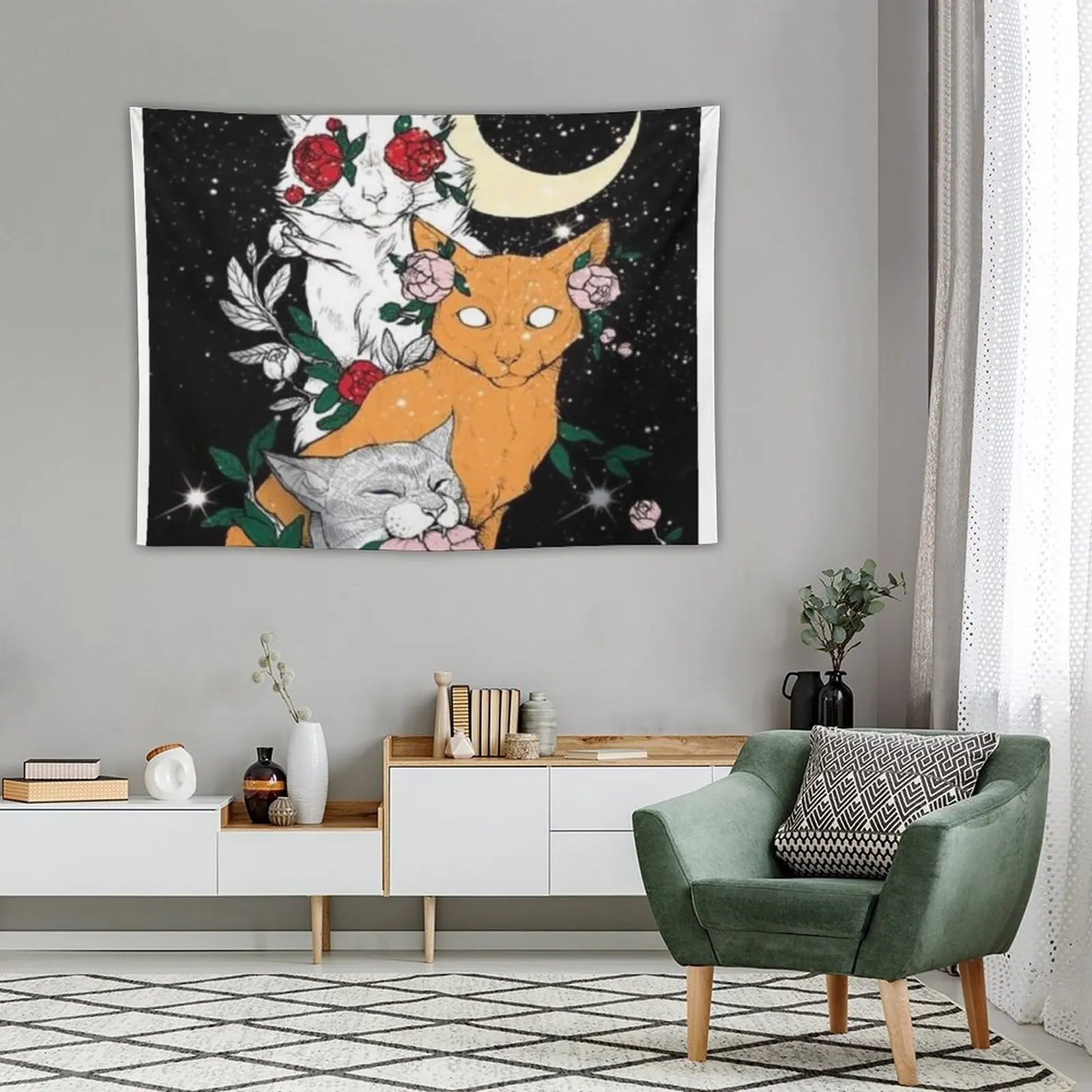 Гоблен с изображение на 3 котки, Луната, Звездите, Украса за дома, Декорация за дома, Стенен Гоблен, украса за дома