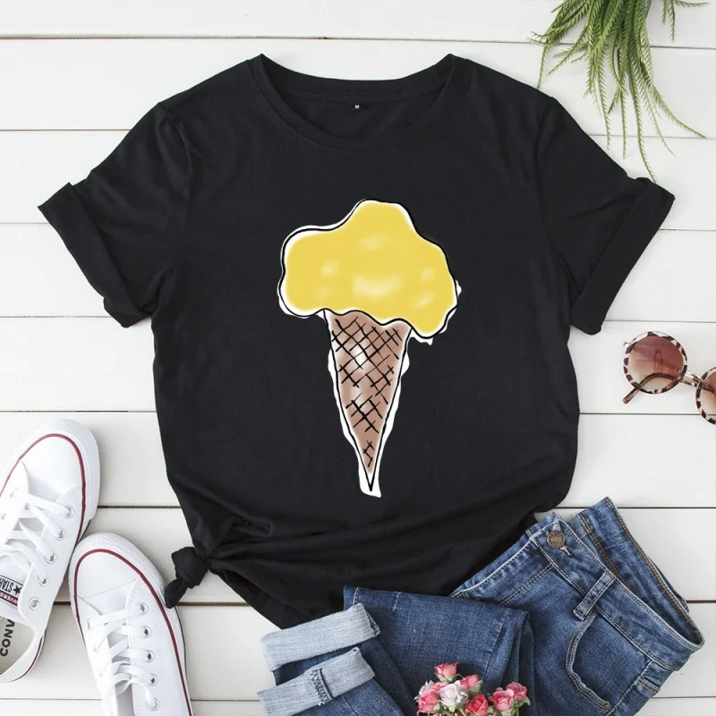 Креативна дамски памучен тениска с изображение на сладолед, кръгъл отвор, Свободни ежедневни блузи големи размери с къс ръкав, Безплатна доставка