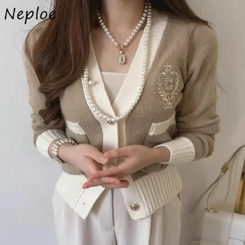 Neploe Корейски ефектен пуловер в стил колеж, палта Есен 2023, Ретро, V-образно деколте, Уникална бродерия копчета, Без вязаный жилетка