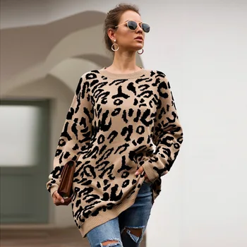 Популярният пуловер със средна дължина, с леопардовым принтом за дамски връхни дрехи, универсален пуловер в лениво стил, Без пуловер, пуловер с кръгло деколте
