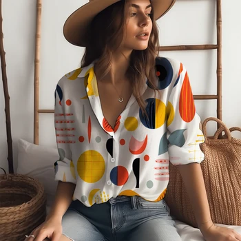 Пролет-есен Класическа риза с дълъг ръкав, Дамски градинска ежедневни риза, обикновена риза с копчета, с модерна риза с 3D принтом