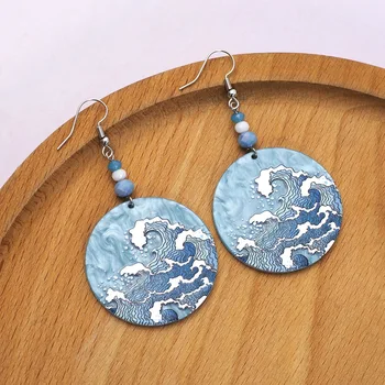 Прости персонализирани женски геометрични кръгли акрилни обици с цвят на морска вълна синьо за подаръци
