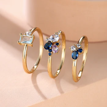 Луксозен кралско Синьо, Лилаво Бял Комплект тройни пръстени с цирконием, Цвят Розово злато, Полагане на Тънки пръстени За жени, пръстени сватба, бижута