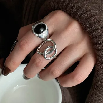 Винтажное черен пръстен в стил пънк За жени и мъже, Геометрични пръстени на Контролирани Размер, Изискан Креативни бижута на Едро