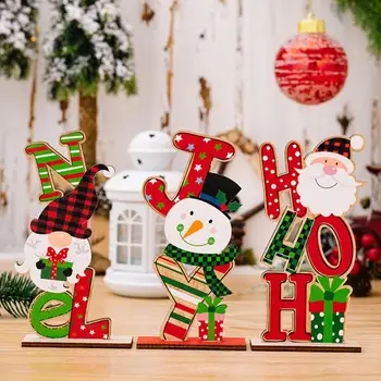 Коледа Десктоп Дървено украшение на Дядо Коледа, Снежен човек, Джуджетата, цветни букви, украса за празничната маса от масивна Дървесина, Празнична парти