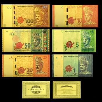 Банкноти от златно фолио Малайзия 1 , 5 , 10 , 20 , 50 , 100 Долар със сертификат - подарък за редки фенове