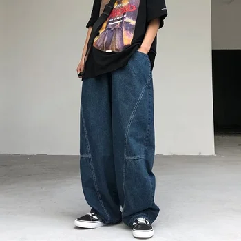 Японски Дънки Оверсайз, Мъжки Модни Провиснал Обикновена Ежедневни Панталони с Отстрочкой, Улични Преки Дънкови Панталони Harajuku