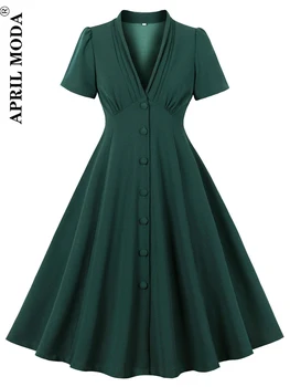 2023 Однобортное Винтажное ежедневното женствена рокля-люлка с V-образно деколте, обикновен зелен костюм, Cosplay, Летни рокли midi за подиум на 50-те и 60-те години