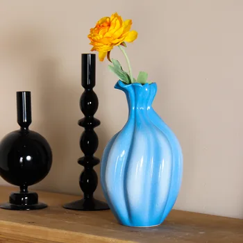 Модерна проста синя ваза за сухи цветя, украса за дома, Керамични вази, Украса за масата в хола, Порцелан, Градински интериор