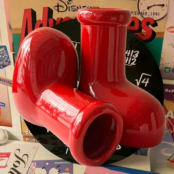 Керамична декоративна Ваза във формата на червени обувки 25x20,5x14 см, Калибър 8 см, Творчески Прост стил, Големи вази за украса на дома, тава