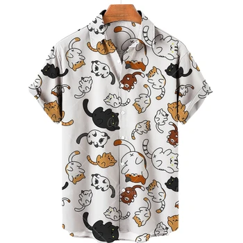 2023 мъжка риза, тениска с изображение на животно на котка, с модерна риза в стил харадзюку с къси ръкави, ежедневни плажна риза унисекс облекло
