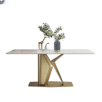 Луксозна маса за хранене е от каменни плочи със столове, определени от неръждаема стомана, златна рамка, плот от изкуствен мрамор, Кухненски мебели Masa Табло