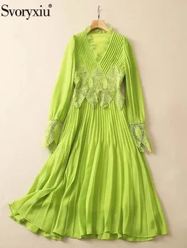 Svoryxiu, Есенно-Зимно Модно Винтажное рокля midi светло зелен цвят, Женско бельо рокля с ръкав-фенерче, дебнещ рокля с висока талия