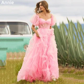 Ани Луксозни Абитуриентски рокли ръчно изработени С Пищни Ръкави, Блестящи Вечерни Коктейлни Рокли по поръчка Ярко Розов Цвят 2023 Vestidos De Noche