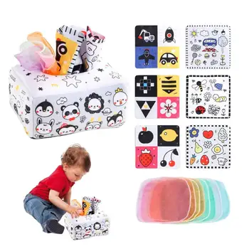 Кутия за салфетки за деца, Цветни меки кутия за шалове, играчки за началото на обучението, Квадратна допир играчка Монтесори за Бебета, деца