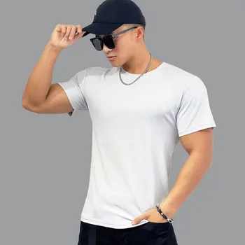 Тениска за фитнес с къс ръкав, мъжки облегающая еластична спортна тениска за бягане и физически тренировки, дишаща бързосъхнеща однотонная