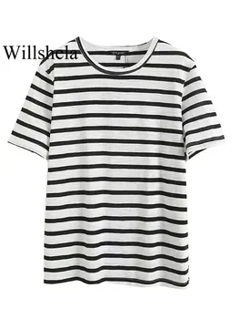 Willshela, дамски модни памучни тениски в черно-бяла ивица, реколта тениски с къс ръкав и кръгло деколте, шикозни дамски блузи