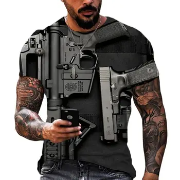 Тениска за мъже, тениски с 3D пистолет, Градинска облекло със забавна принтом, тениска с пистолет, Модерни ежедневни блузи в стил пънк-пистолет с къс ръкав, тениски