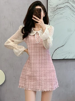 Нови корейски модерни Розови Твидовые роклите с яка на 