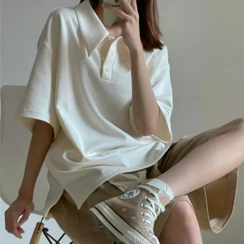 Тениска-поло Оверсайз, женски обикновена тениска с къс ръкав, топ, Дамски тениски в корейски стил, Градинска дрехи, летни дрехи Harajuku