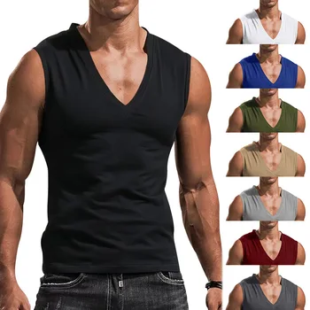 Тениски без ръкав, Мъжки блузи, жилетки, ризи, Летни мъжки тениски без ръкави с V-образно деколте, дишащи