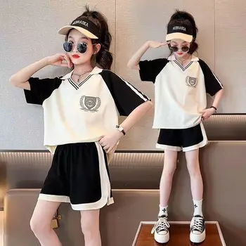 Момичета 2023 Нови Летни Памучни Ежедневни спортни костюми от 3 до 14 години Baby Youth Teeange Бебешки Комплекти Дрехи в Корейски стил на Детски дрехи
