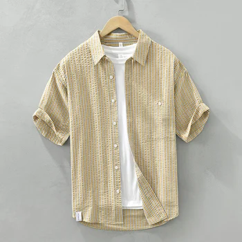 Мъжка риза от памук и полиестер, летни нови свободни блузи с къс ръкав, мъжки ризи на райета с отложным яка