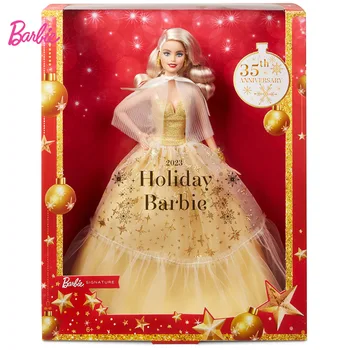 Оригинална Празнична кукла Барби 2023 Г., Сезонни Коллекционный подарък, Златна дрехи и играчки, с руса коса за момичета