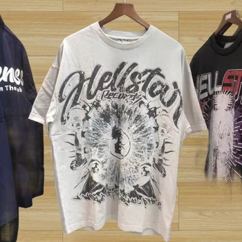 Лятна Нова Висококачествена Реколта тениска Hellstar с една буква от азбуката принтом Hellstar, Тениска с къс ръкав, Мъжки Дамски тениска, Реални снимки