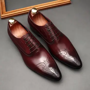 Модерен Мъжки Oxfords от естествена кожа, вечерни офис обувки с дантела, черни, Вино-червени Дизайнерски модел обувки като За мъже