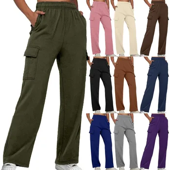 Дамски обикновена Преки Свободни панталони с джобове, ежедневни панталони за йога, дамски ежедневни работни проверените туристически панталони за жени