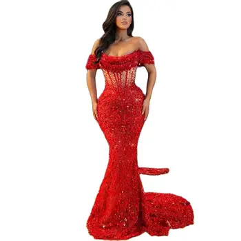 Секси рокля Червен цвят С открити рамене и кръгло деколте, Апликации от мъниста с Дължина до пода, Луксозни Вечерни рокли, Vestidos De Noche 2023