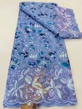 Търговия на едро с Нигерийски Завързана кърпа 2023 Висококачествен Африкански Дантела Френски тюл 3D Бродерия сини искри Лейси плат вечерна рокля
