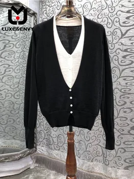 LUXE &ENVY - Новата Европейска Дамски дрехи, Нишевая, за да е Подходяща по цвят С V-образно деколте, Однобортная, С дълги ръкави, Есен 2023