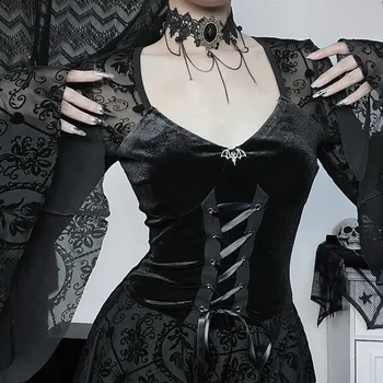 Темперамент Елегантна Приталенное рокля в ретро готически стил с дълги ръкави и вратовръзка, Приталенное тъмно-черна рокля на Хелоуин за жени