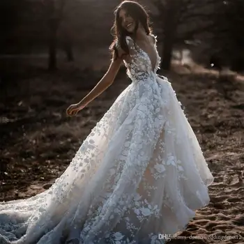 SKMY 2023 европейското и американското женско бяла сватбена рокля елегантна дантелено рокля за гости с дълбоко V образно деколте, сватбена рокля с широка пола-качалкой