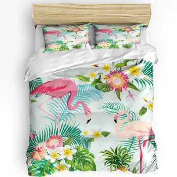 Цвете тропически растения Фламинго, 3 броя, Комплект спално бельо за Спалня, Двойно легло, Домашен Текстил, Чаршаф, Чаршаф, Калъфка за възглавница