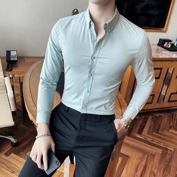 Върховете, Качествена бутиков риза за бизнес господа, Мъжки дрехи, Однотонная проста приталенная официалната дрехи с дълъг ръкав, блуза Homme 3XL