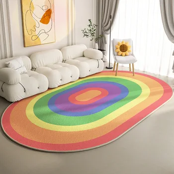 Модерни овални килими за хол, разноцветни линии, Големи меки подложки, Естетичен килим за дома спални, Баня, Противоскользящий врата мат