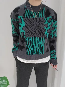 Жена Есенно-зимния пуловер, пуловер с кръгло деколте и леопардовым принтом, дебели пуловер, Стилна и тънка универсална трикотажная риза D4330