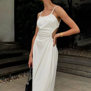 Жена трикотажное рокля с квадратна яка и подтяжками Дамски пролетно облекло Бяло дебнещ дълга рокля с отворен гръб на Едро