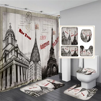 Ретро пейзаж, Парижката кула, Начало декор, Водоустойчив завеса за душ с 12 куки, капаци за тоалетна, постелки за баня, нескользящий подложка за баня
